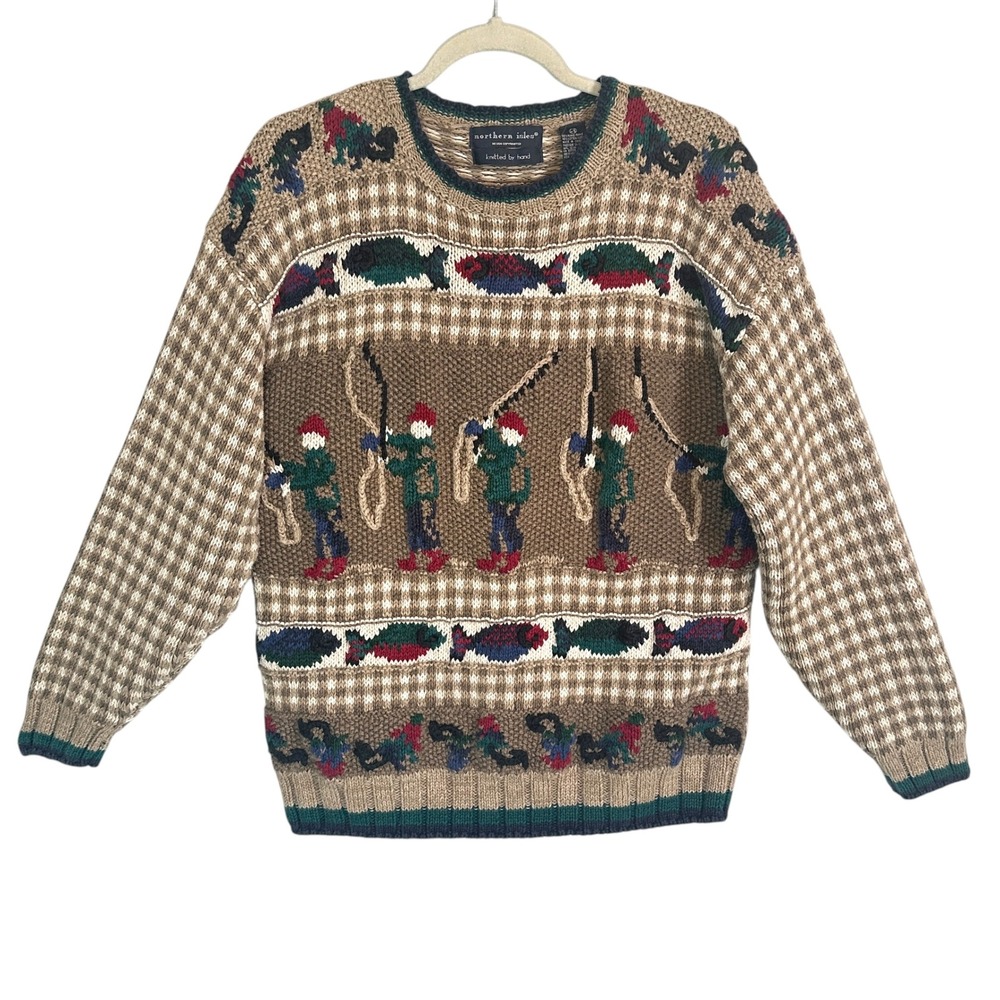 Northern Isles Sweater Hand Knitted Fishing Fish Intarsia Brown L Gorpcore